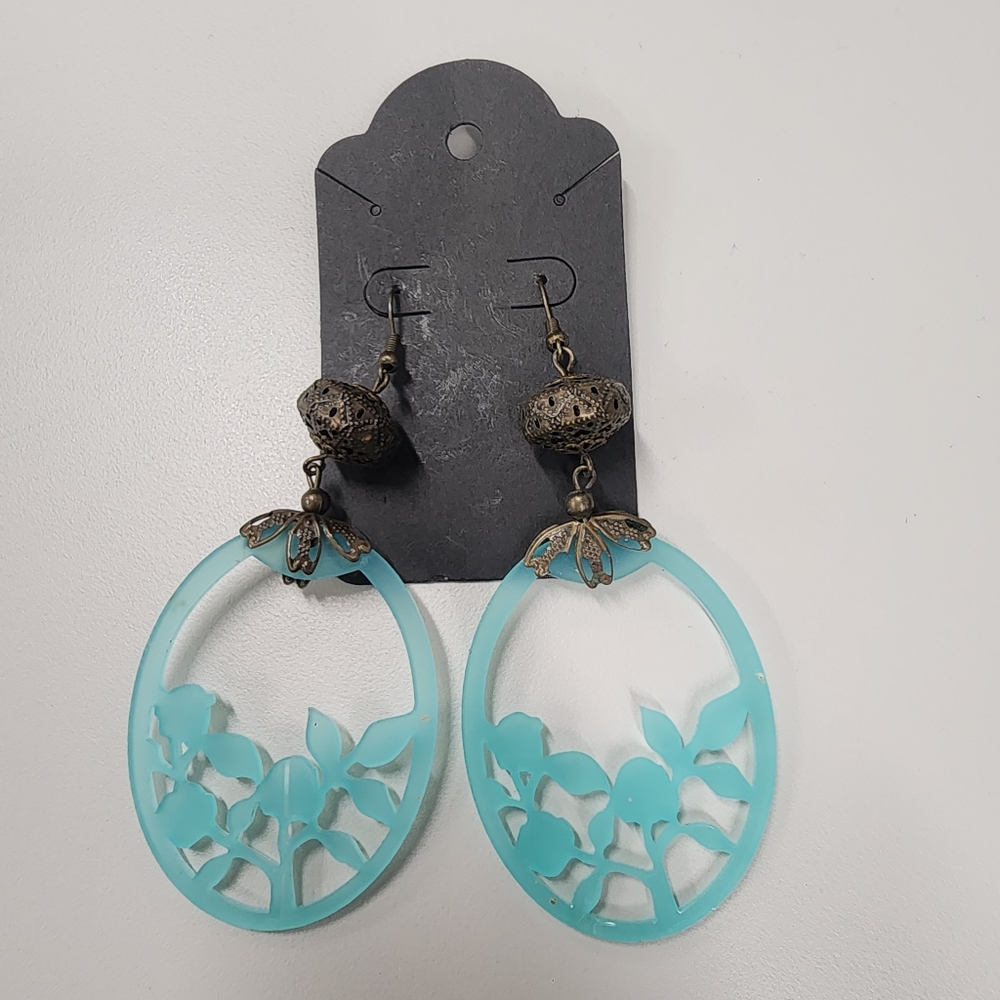 Boho Cutout Floral Earrings Teal Blue Resin Antiqued Brass Filigree Dangle Drops